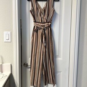 Miami Brown and White Striped Jumpsuit with V-Neck and Palazzo Legs
